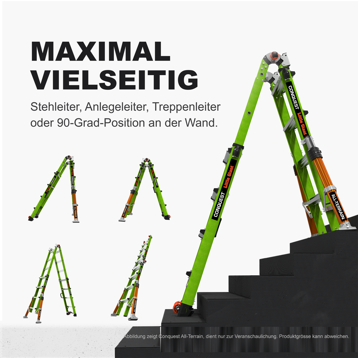 Conquest 2.0 in vier Stellungen: Stehleiter, Anlegeleiter, Treppenleiter und 90 Grad