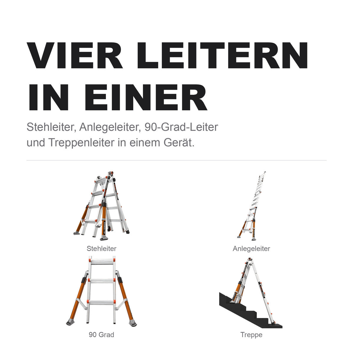 Conquest in vier Stellungen: Stehleiter, Anlegeleiter, 90-Grad-Leiter und Treppenleiter