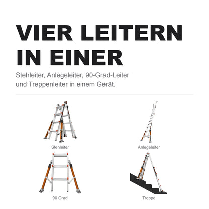 Conquest in vier Stellungen: Stehleiter, Anlegeleiter, 90-Grad-Leiter und Treppenleiter