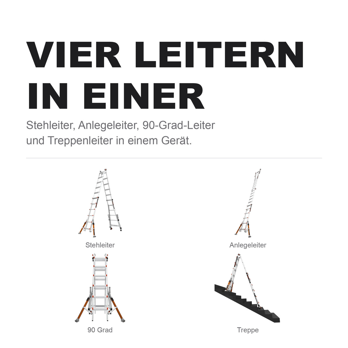 Conquest Pro in vier Stellungen: Stehleiter, Anlegeleiter, 90-Grad-Leiter und Treppenleiter