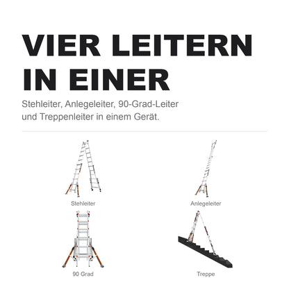 Conquest Pro in vier Stellungen: Stehleiter, Anlegeleiter, 90-Grad-Leiter und Treppenleiter