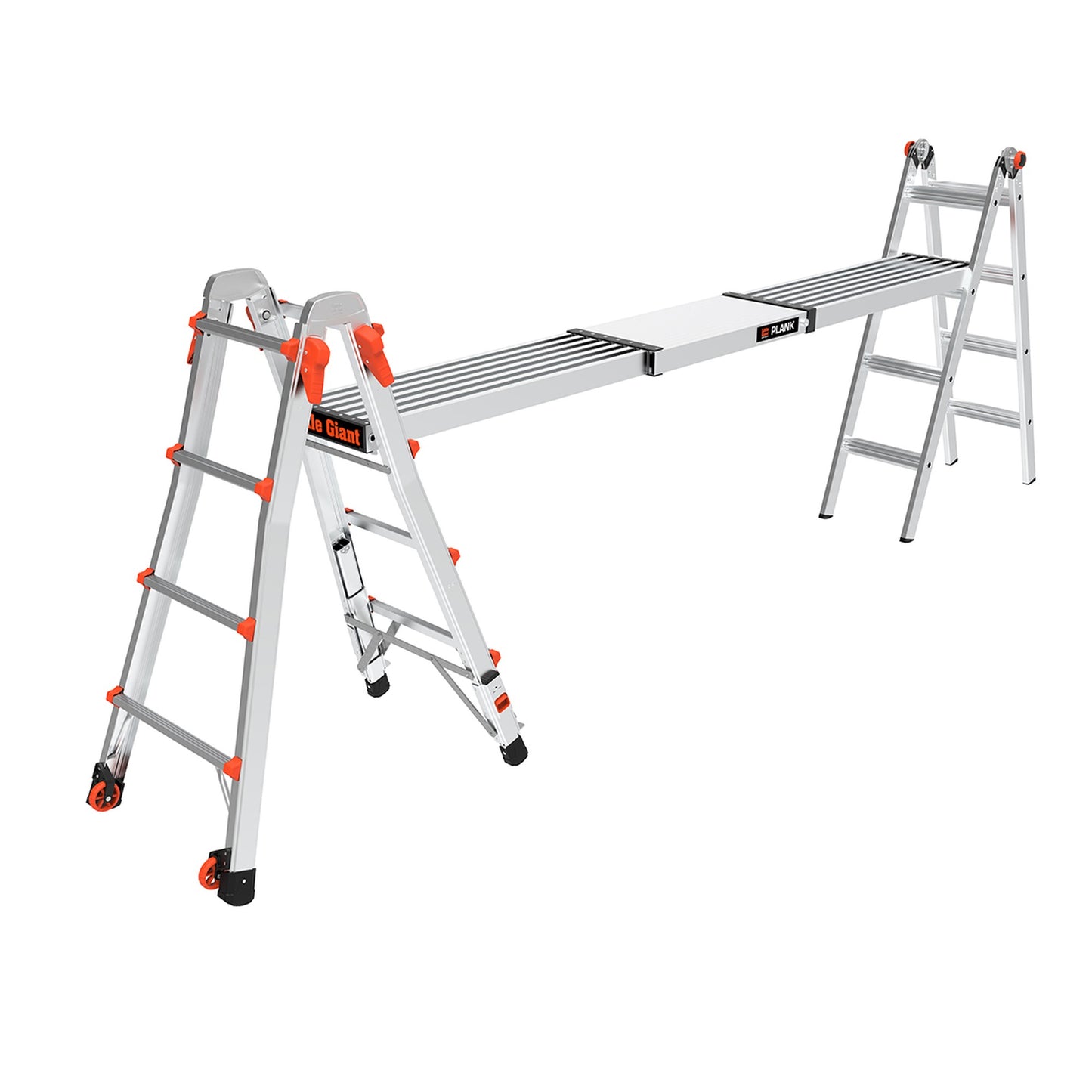 Leveler Leitern mit 2-Person Plank als durchgehende Arbeitsplattform. Die Abbildung zeigt den Aufbau mit zwei Leitern, im Set ist eine enthalten