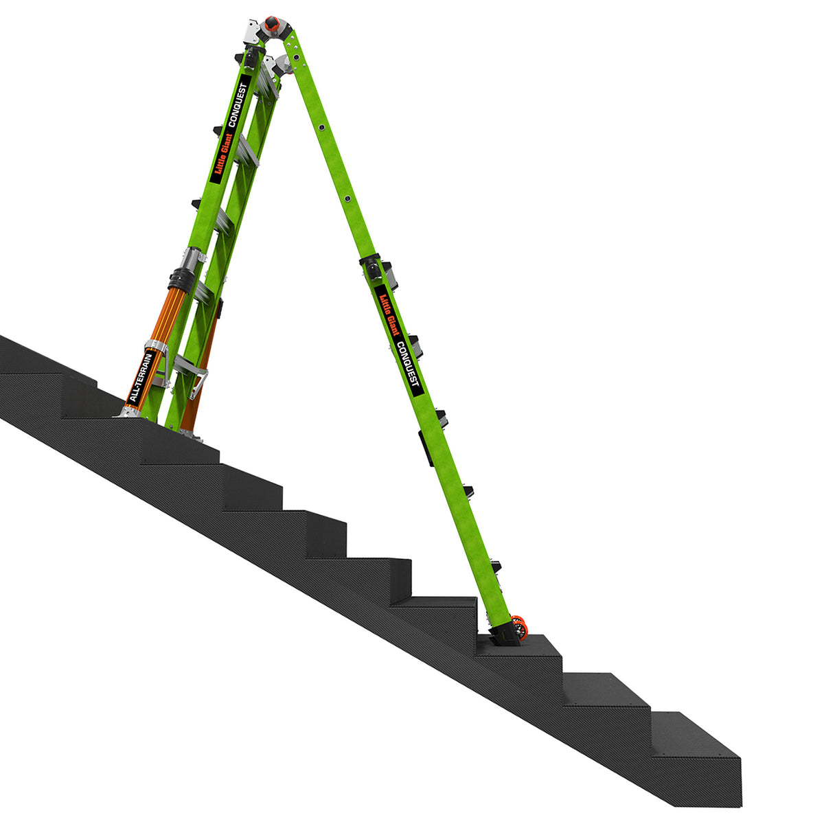 Conquest 2.0 auf einer Treppe, die Ausleger gleichen die Stufen aus, 4x5 Sprossen