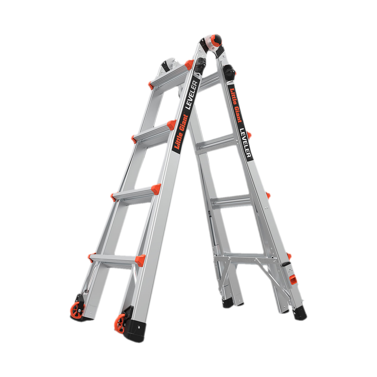 Little Giant Leveler 4x4 Mehrgelenkleiter in A-Stellung, Schrägansicht mit Rädern am Fuss