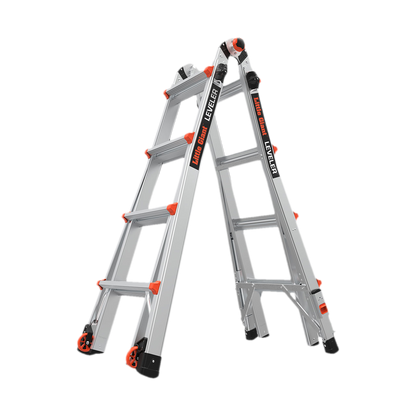 Little Giant Leveler 4x4 Mehrgelenkleiter in A-Stellung, Schrägansicht mit Rädern am Fuss