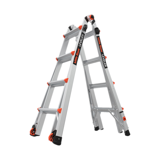 Little Giant Leveler 4x4 Mehrgelenkleiter in A-Stellung, Schrägansicht mit Rädern am Fuss