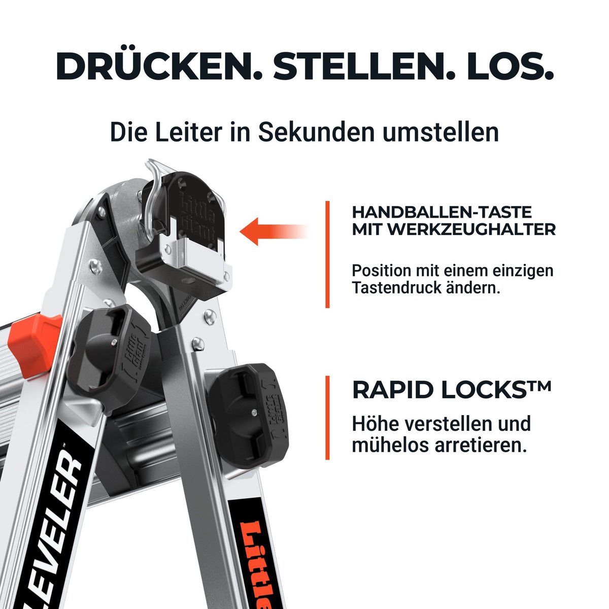 Handballen-Taste und Rapid Locks des Leveler zum Verstellen der Höhe