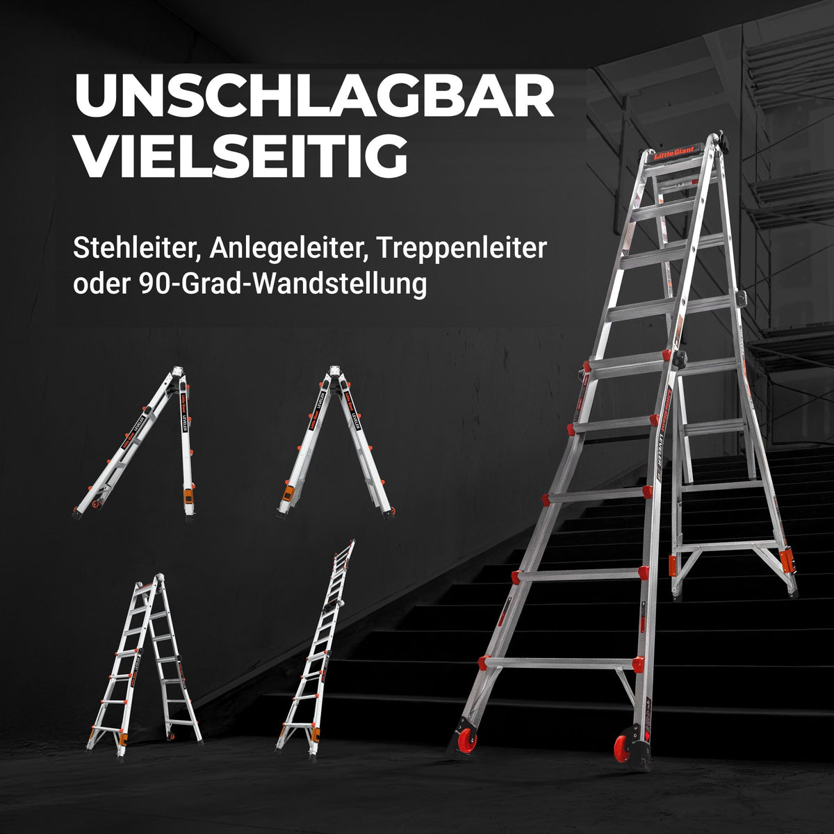 Leveler in vier Stellungen: Stehleiter, Anlegeleiter, Treppenleiter und 90-Grad-Wandstellung