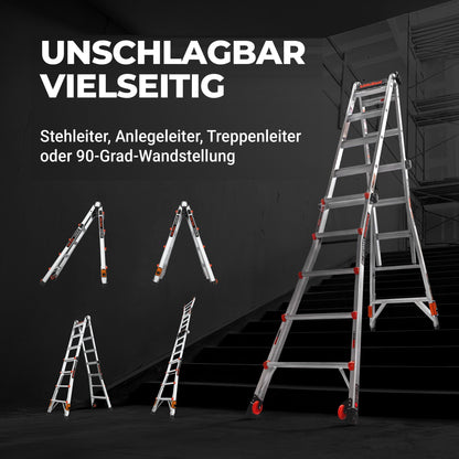 Leveler in vier Stellungen: Stehleiter, Anlegeleiter, Treppenleiter und 90-Grad-Wandstellung