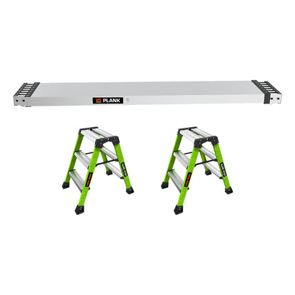 SureStep Arbeitsplattform-Set: Lieferumfang mit zwei Sure Step Stufenstehleitern und 2-Person Plank