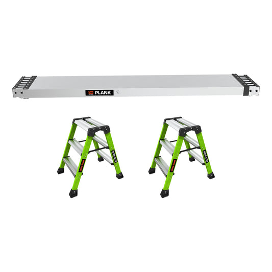 SureStep Arbeitsplattform-Set: Lieferumfang mit zwei Sure Step Stufenstehleitern und 2-Person Plank