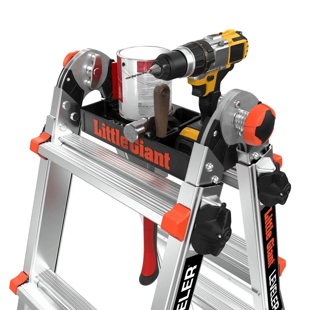 Little Giant Tool Tray im Einsatz mit Akku-Bohrmaschine und Farbeimer