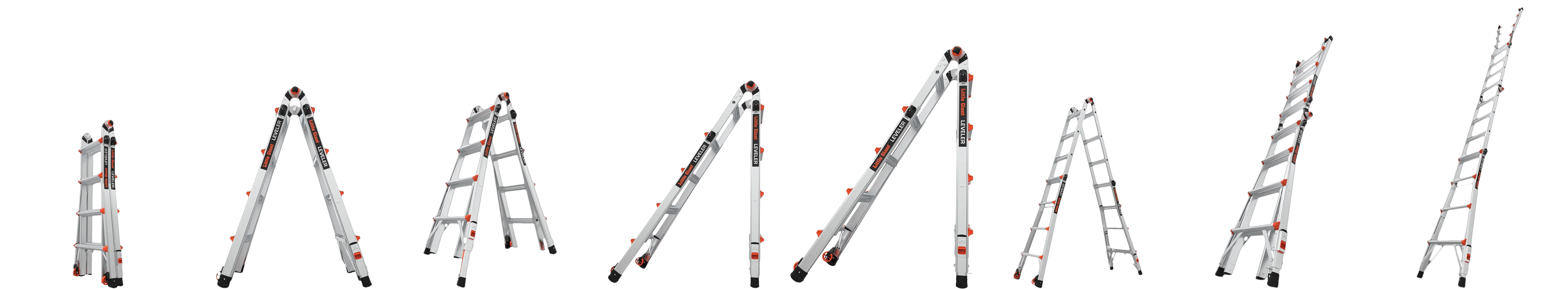 Der Little Giant Leveler in wechselnden Stellungen: zusammengeschoben, aufgeklappt, Stehleiter, Treppenleiter, 90-Grad-Stellung und Anlegeleiter